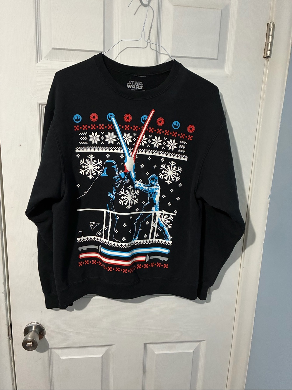 Star Wars Black Crewneck with Red & Blue Lightsaber Holiday Graphic